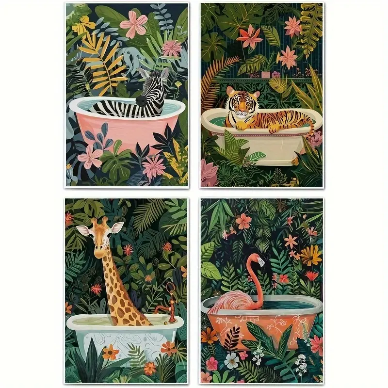 2/4-piece humorous hand towel set, made of soft polyester fiber, with a tropical jungle theme. Features tiger, giraffe, zebra, and flamingo patterns in the bathtub. A decorative bathroom accessory | Humorous design | High-quality fabric. Bathroom towels.