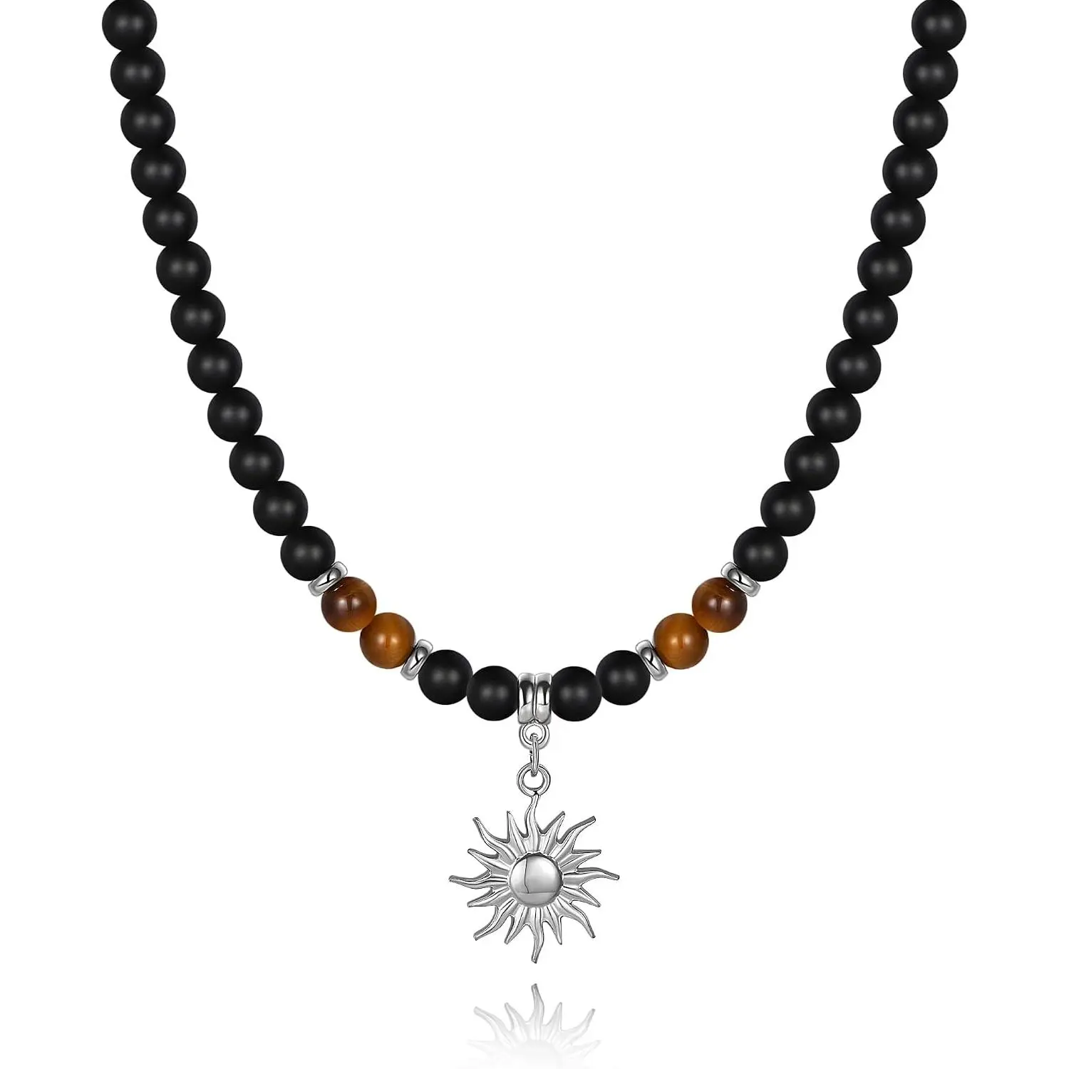 Mens Necklace Natural Healing Black Obsidian Tigers Eye Beaded Sun Necklace Anniversary Birthday Gifts for Men Boyfriend