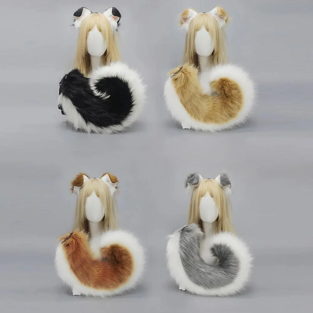 Furry Anime Dog Ear Headband Tail Cartoon Comic-Con Cosplay Accessories Plush Simulation Animal Ears Tail
