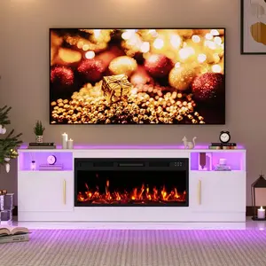 70 Inch Fireplace TV Stand With LED Light Entertainment Center And Storage Cabinet For TVs Up To 80 Inches