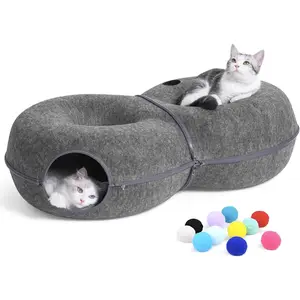 8-Shaped Large Cat Tunnel Bed for Indoor Cats, Infinite Circulation Peekaboo Cat Cave with 12 Toy Balls, Cat Donut Tunnel for Cats up to 30 Pounds (Dark Grey, L 38x24x11in)