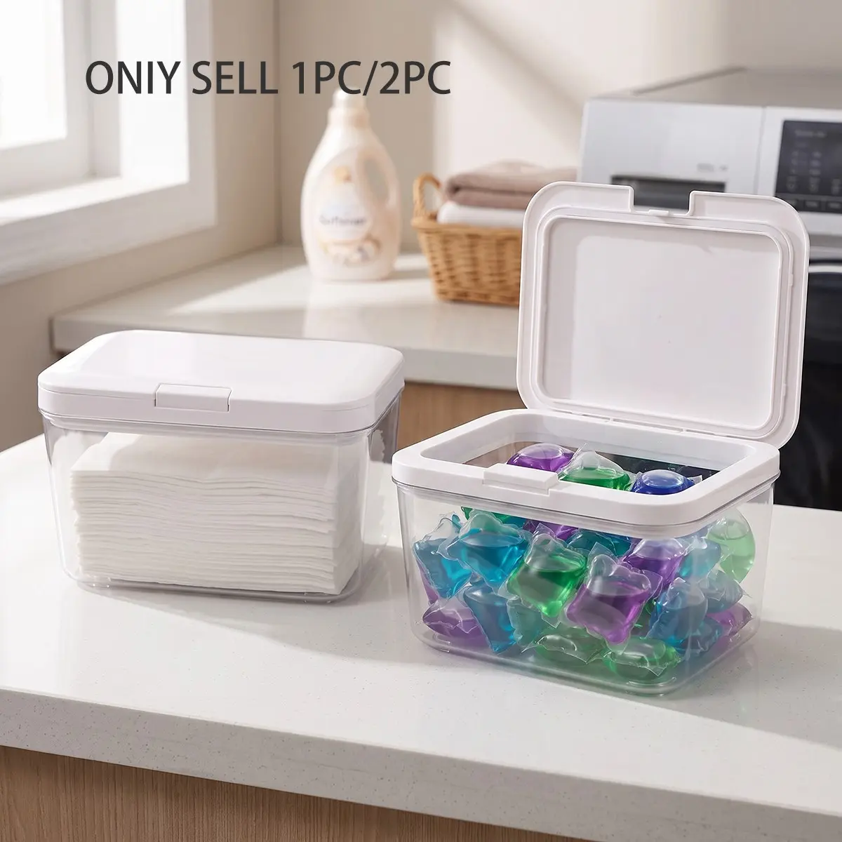1/2Pcs Laundry Pods Container Dryer Sheet Holder, Detergent Powder Container with Lids for Laundry Room Organization, Laundry Storage for Powder, Pods, Scent Booster Beads