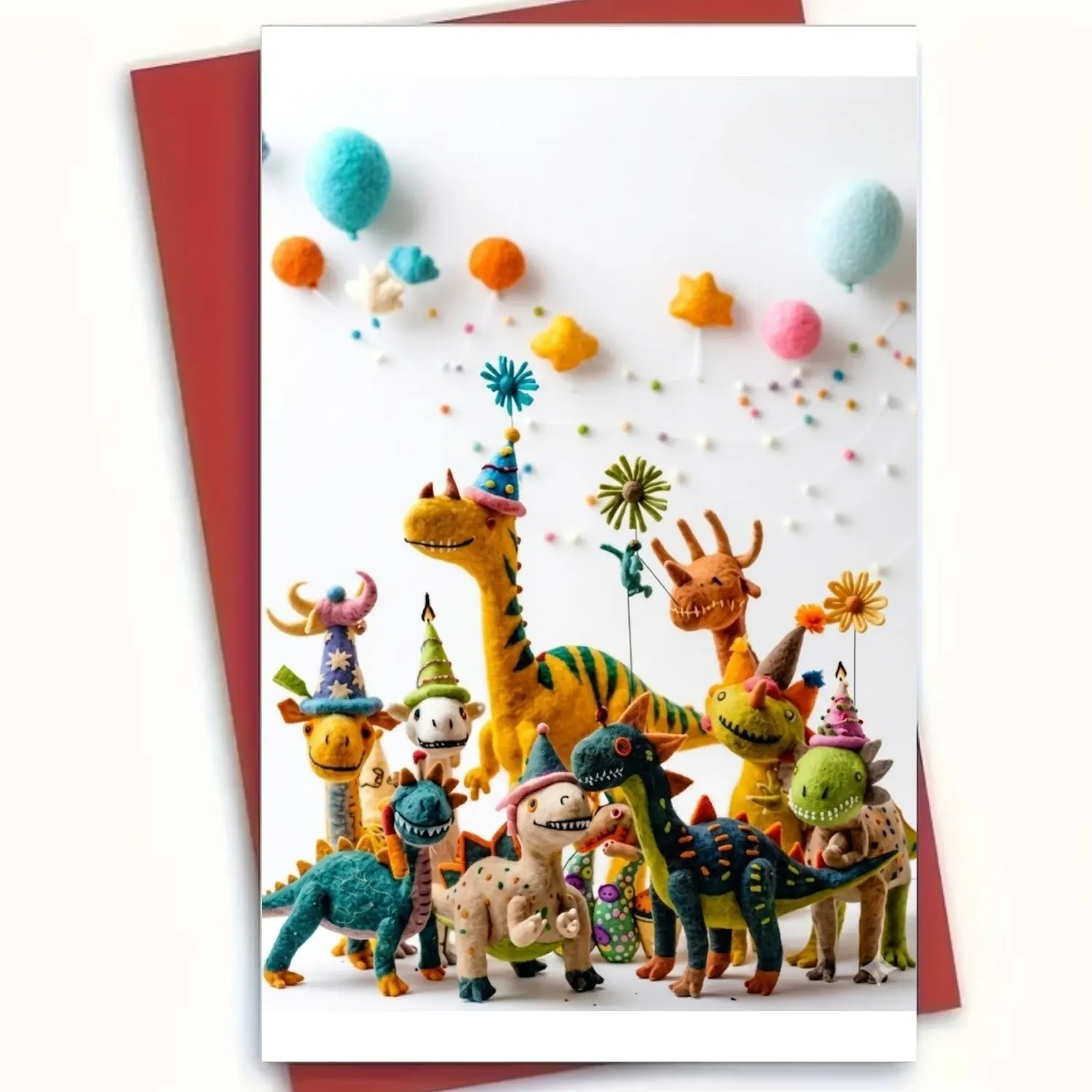 🎉 A Dinosaur Birthday Party on a Card! This whimsical 5"x7" greeting card features a playful crew of colorful felt-style dinos, party balloons & stars—perfect for little dino lovers. Thick 350GSM cardstock, glossy cover, blank interior & vibrant red enve