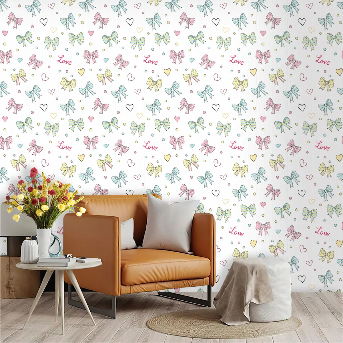 1 roll of colorful bow-shaped heart-themed wallpaper with the word "Love" on it, made of PVC material with adhesive on the back. It's suitable for furniture decoration, and can be used to decorate kitchens, living rooms, bedrooms, and walls.