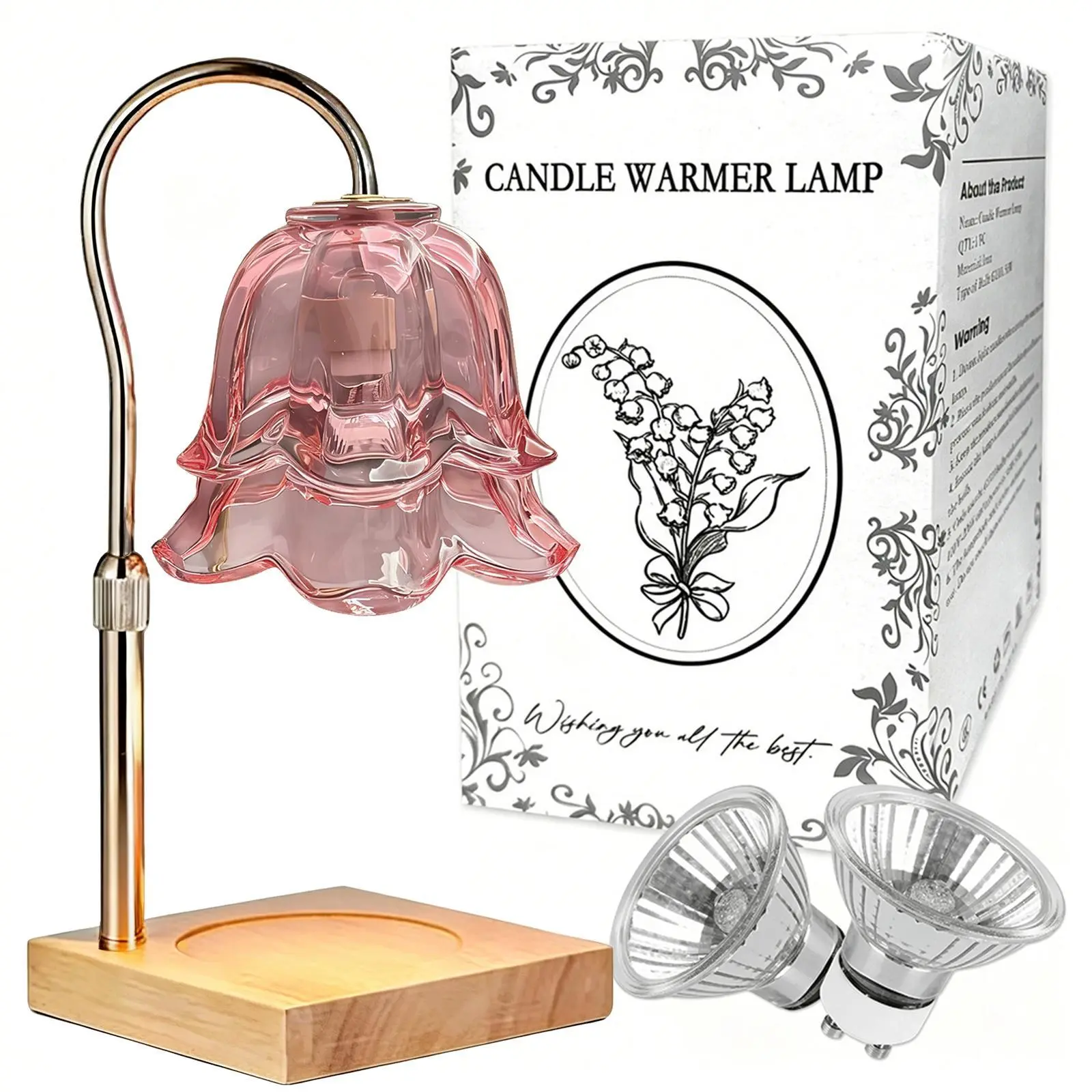 Gold Floral Flameless Candle Warmer Lamp - Timer, Height-Adjustable Base, Safe for Continuous Scent, Home Decor Items, Living Room Decor, Room Decorations, Apartment Accessories