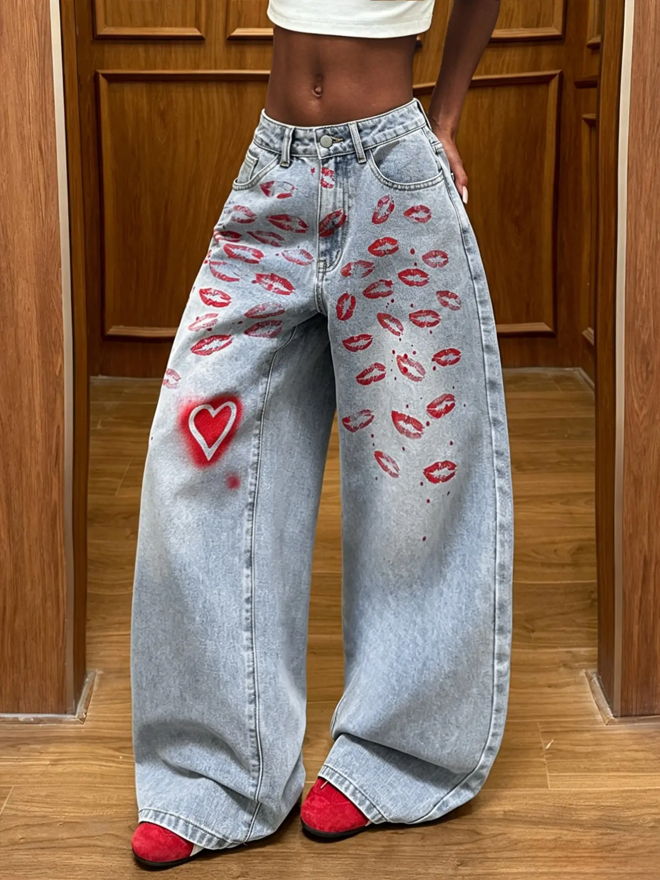 Women's High Waist Baggy Straight Leg Jeans, Lip Print, Streetwear Hip Hop Loose Fit, Vintage Washed Blue Fashion Long Pants, Oversized