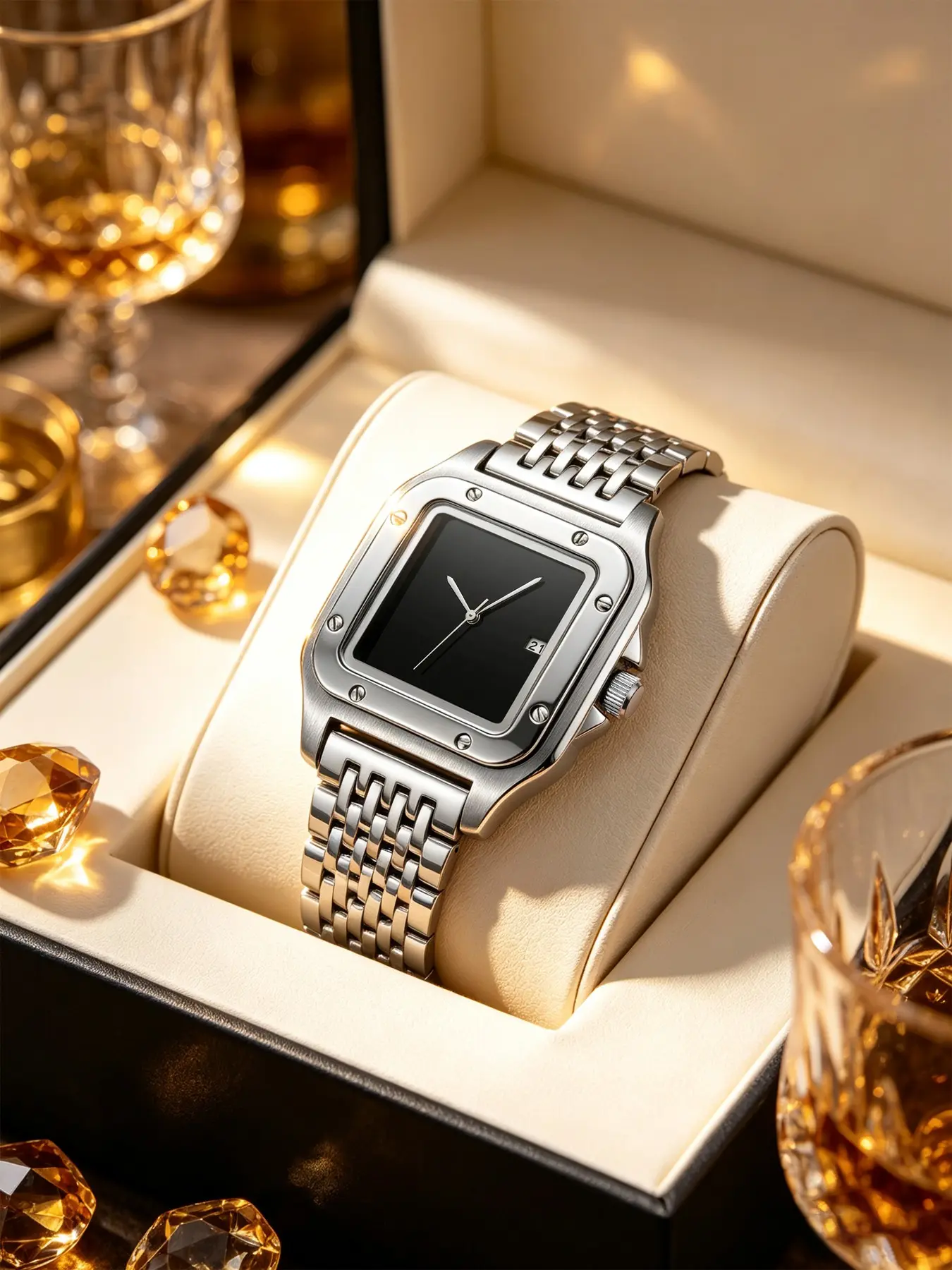 Trendy Square Men's Quartz Watch, Vintage Santos Style, Business Waterproof, Stainless Steel Strap, Simple Calendar, Gift Idea, Luxury Watch