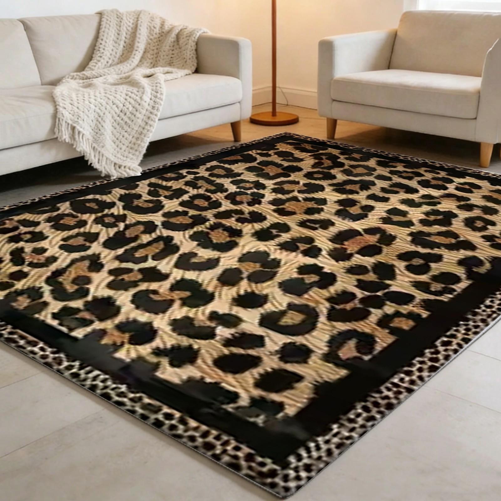 Vintage Leopard Print Rug, Luxurious Wild Style Home Carpet, Non-Slip Floor Mat for Living Room Bedroom, Durable Easy Clean
