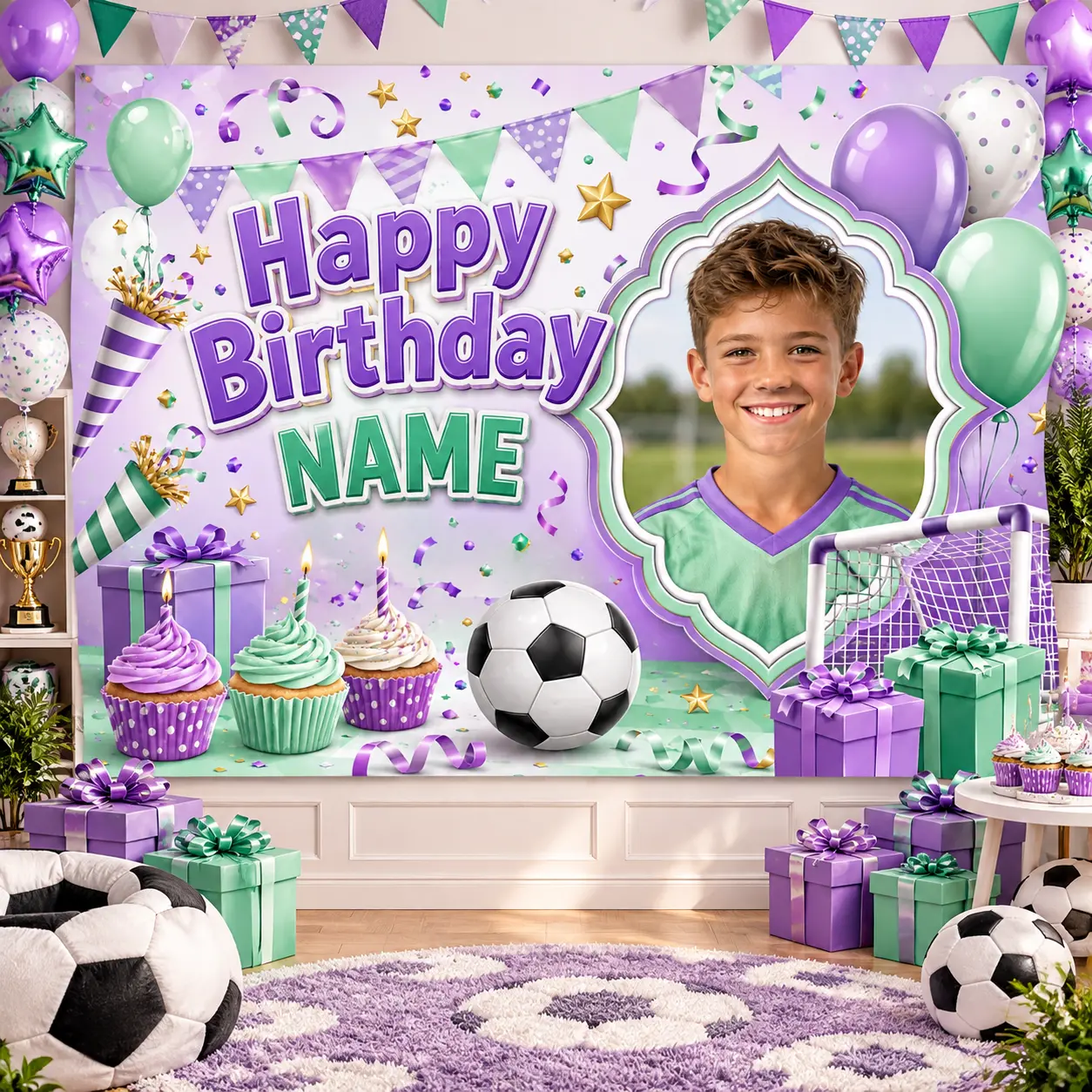 Custom Mint Purple Soccer Birthday Backdrop - Hangable Polyester Photo Background with Personalized Name, Soccer-Themed Festive Backdrops & Banners for Holiday Party Ball Balloons Cupcake Decor