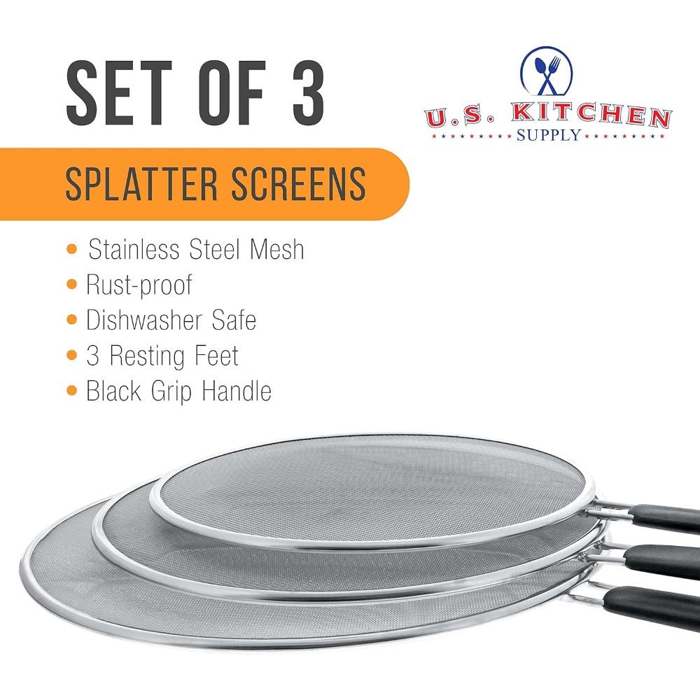 Kitchen supply 3-piece stainless steel splatter guard set (13", 11.5", 9.5") fine mesh cover, grease & oil, splatter screen For Frying pan,Cooking pot with resting feet & comfort grip handles