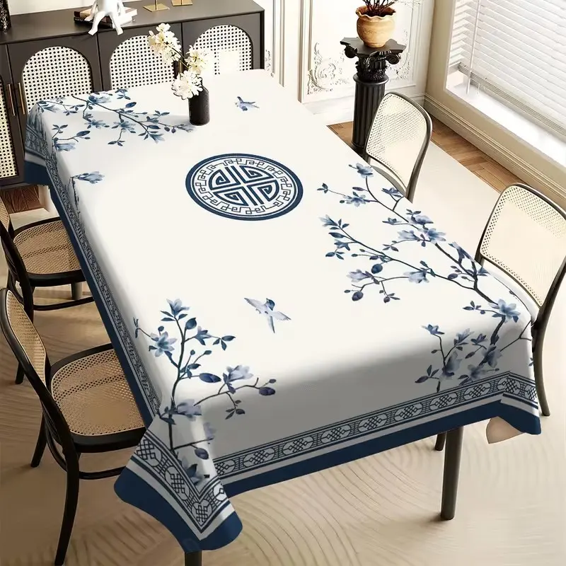 2D Flat Party Tablecloth 1pc, Chinese Blue and Porcelain Print, Rectangular Outdoor Event Tablecloth, Hotel Kitchen Restaurant Decor