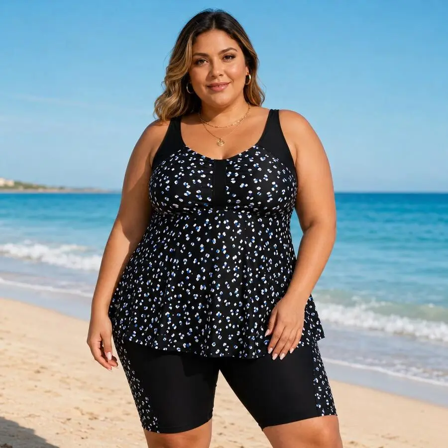 Plus Size Women's 2 Piece Tankini Set – Printed Swim Top With Biker Shorts, Modest Beach Swimwear, Summer Vacation Outfit For Pool & Beach