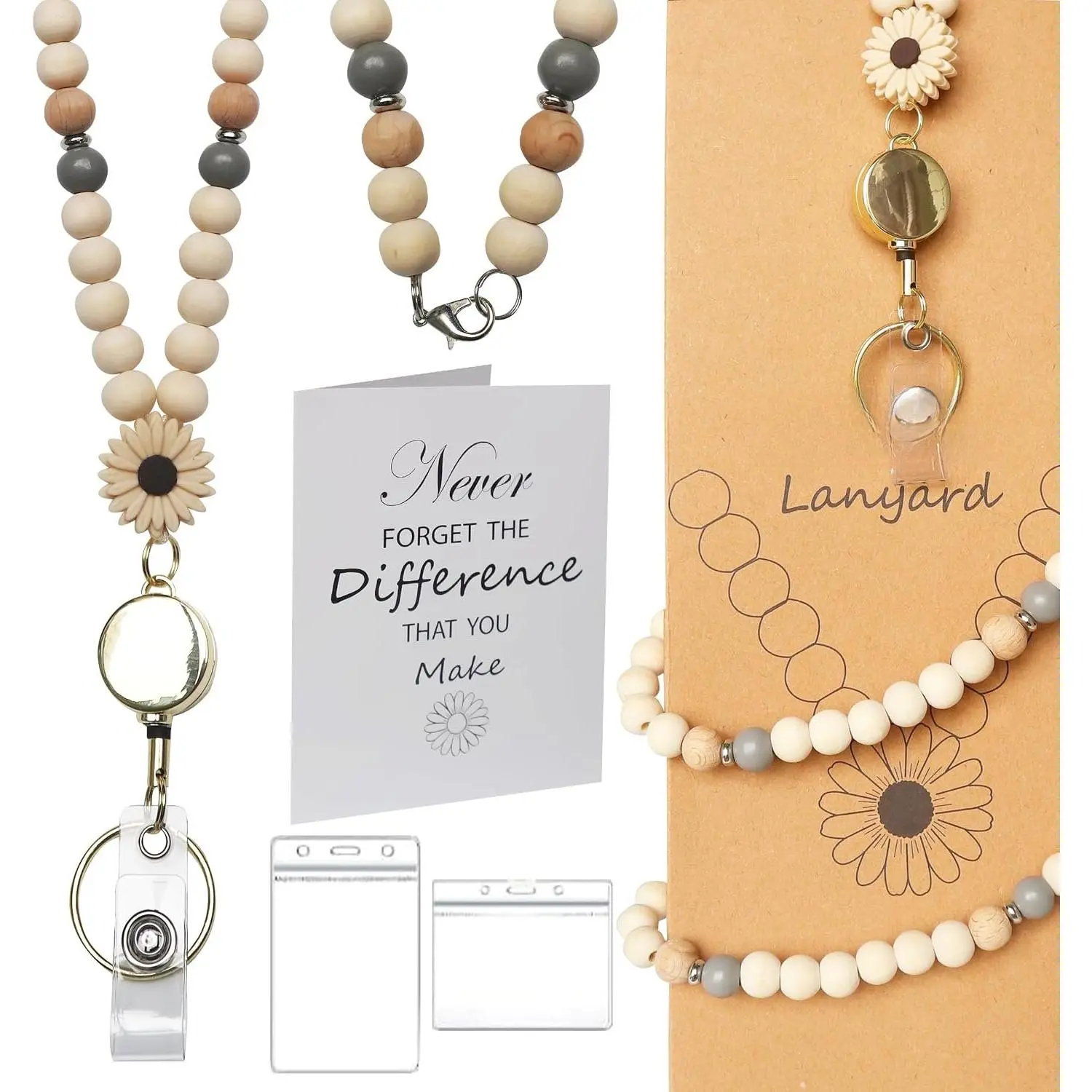Retractable Teacher Lanyard with Holder for ID Badges Wooden Beaded Women