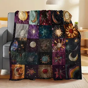 1 Vintage Starry Sky and Sun & Moon Geometric Print Flannel Blanket - Soft 100% Polyester Knit, suitable for all seasons, including sofas, beds, camping, and travel - Machine washable, a comfortable choice for home and outdoor use. |   Sofa Blanket |   De