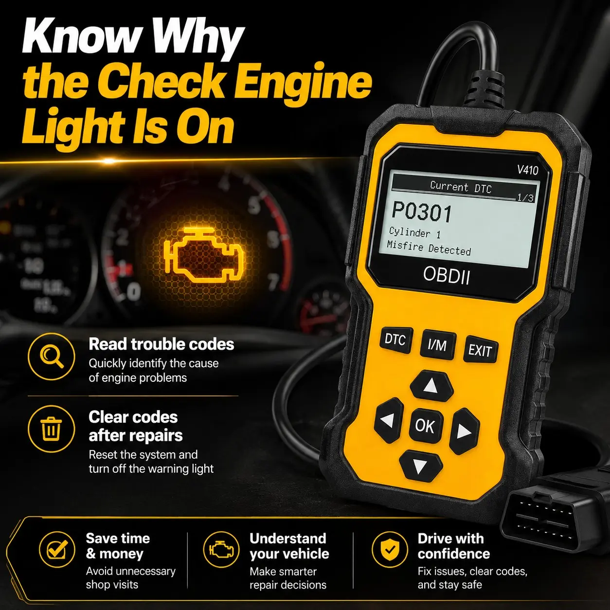 V410 Obd2 Scanner, Car Engine Fault Code Reader, Can Diagnostic Gadget, Obd2 Protocol, Read and Clear Codes