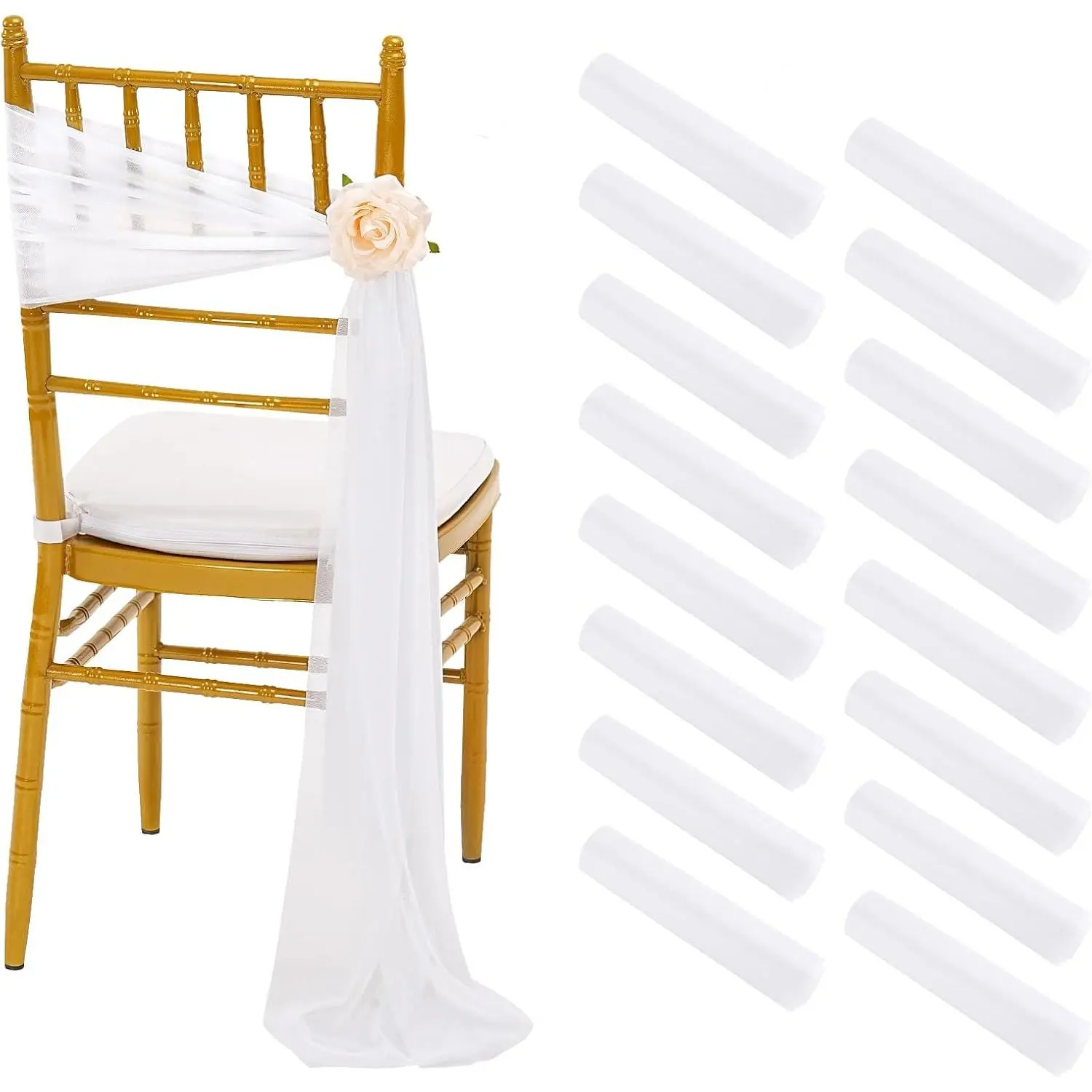 16 Packs 8ft Long White Sheer Tulle Chair Sashes, Bulk Fabric Chair Drapes for Wedding Aisle Church Chair Back Side Decorations