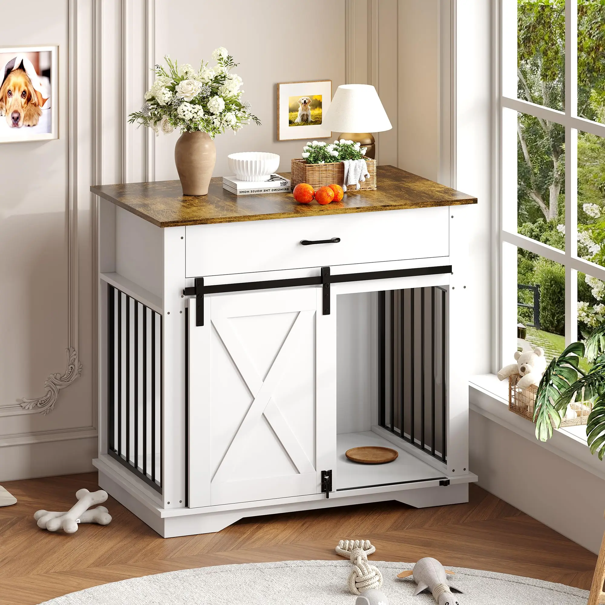 Stylish Wooden Dog Crate Furniture - 37 Inch Indoor Dog House End Table with Double Doors, Storage Drawers, Sliding Cabinet - Modern White Enclosure for Small to Medium Dogs