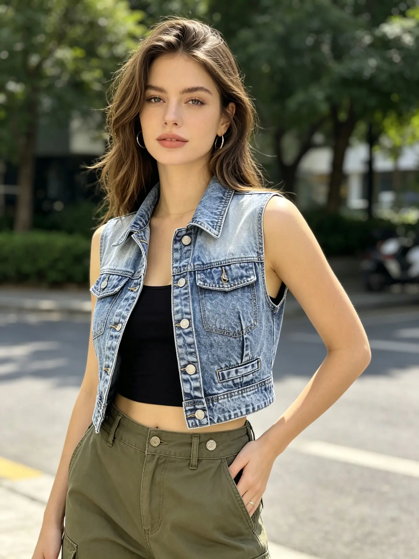 Women's Boho Style Denim Vest, Sleeveless Square Neck Fitted Outerwear, Dual Pockets, Contrast Stitching, Casual Retro Look, Fashion Vest