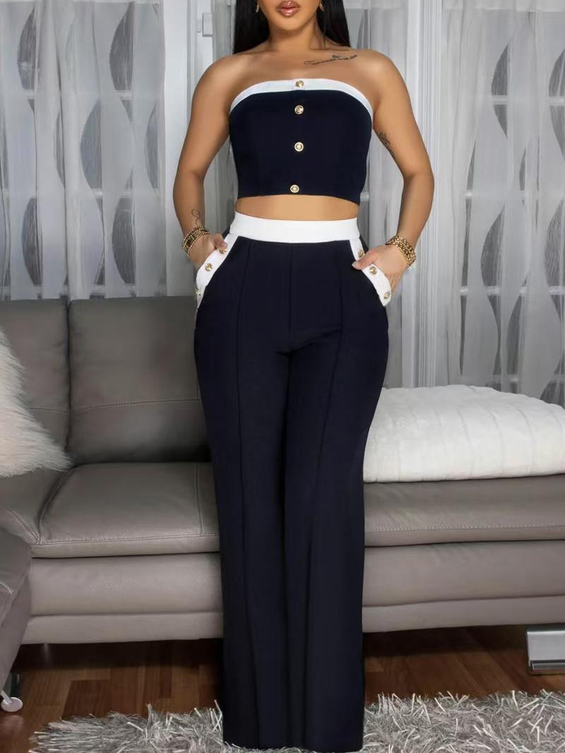 Women's Colorblock Crop Tube Top & Wide Leg Pants Two-piece Set, Casual Fashion Cozy Two Piece Outfits for Daily Outdoor Wear, Ladies Clothes for Summer, Office Siren Outfits