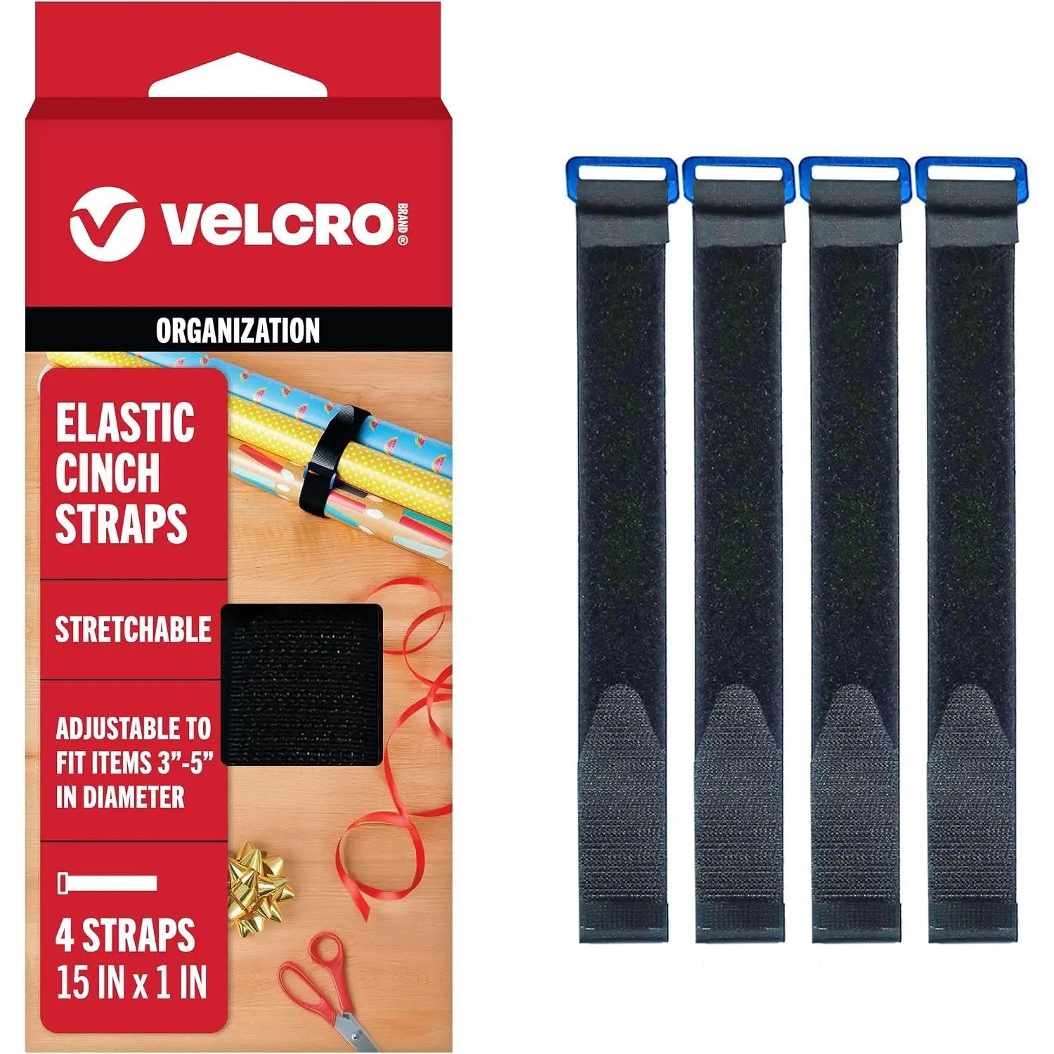 VELCRO Brand Elastic Cinch Straps with Buckle, 15in x 1in, Black, 4 Pack