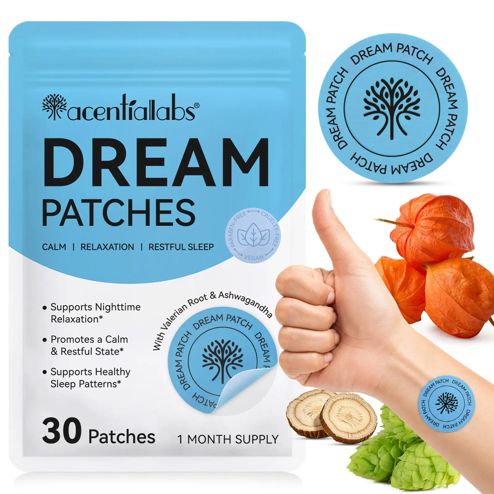 Acentiallabs Sleep Patch 30pcs Bag, Natural Plant Formula, Supports Night Relaxation, Reduces Fatigue, Promotes Calmness, One Month Supply