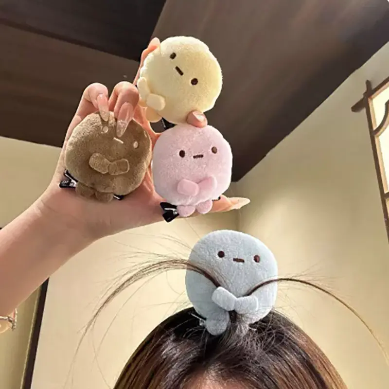 4-Pieces Sumikko Gurashi Plush Hair Clips, Cartoon Doll Pom Pom Barrettes, Sweet Girlish Aesthetic Ponytail Pins, Soft Sports Headband Accessories for Festival Parties, Cartoon Dolls