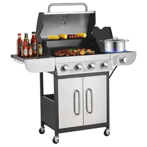 VEVOR Gas Grill, 4 Burner Propane Gas Grill with Side Burner, 425 SQ.In Grilling Area, Carbon Steel Enamel Grates, Outdoor 52,000 BTU Patio Garden BBQ Grills with Two Side Shelves, Stainless Steel