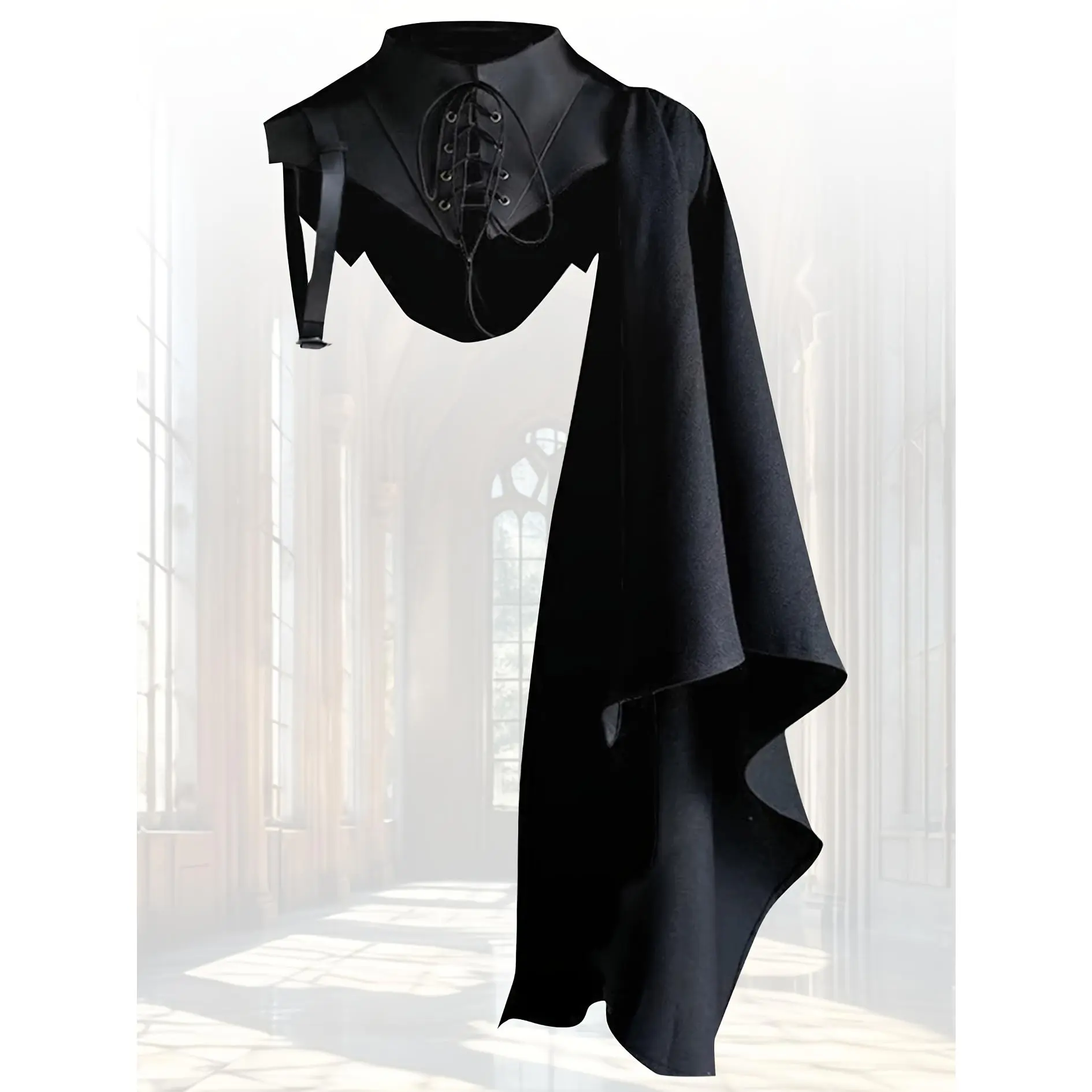 Costume for Halloween Featuring a Medieval Cloak Suitable for Cosplay, Stage Performances, And Parties, Designed As a Demon Or Vampire Outfit. It Includes a Retro Steampunk Style with Shoulder Armor, a Gothic Half Cloak Made of Faux Leather