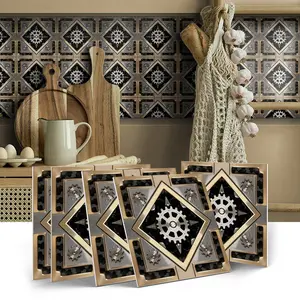 12/24Pcs Steampunk Gear Embossed Ceramic Tiles, Industrial 2D Relief Decorative Tiles with Black & Gold Metallic Pattern, Wall Tiles for Kitchen Backsplash, Bar, Fireplace