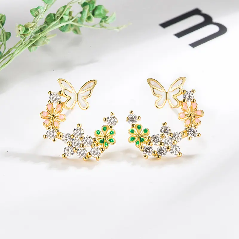 Soco 925 silver needle moissanite flower butterfly wreath fairy forest style DDES0952 delicate earrings sweet girl earrings