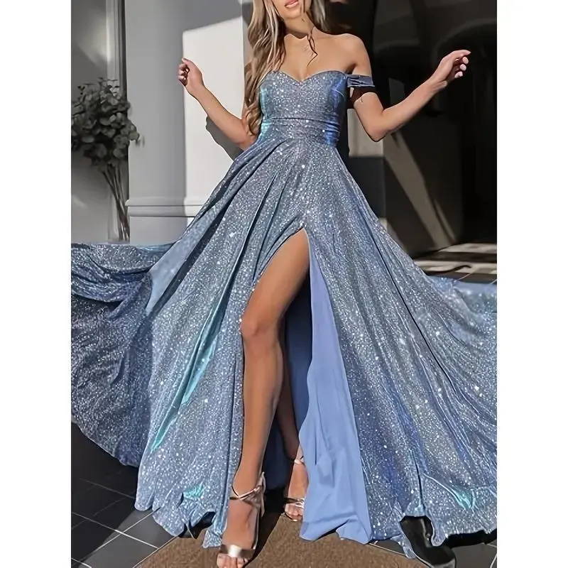 Elegant Off-the-Shoulder Glitter Ball Gown - Sleeveless, A-Line, Pleated Evening Dress with Thigh-High Slit, Light Blue Sparkling Fabric for Bridesmaids & Formal Occasions Fit Polyester
