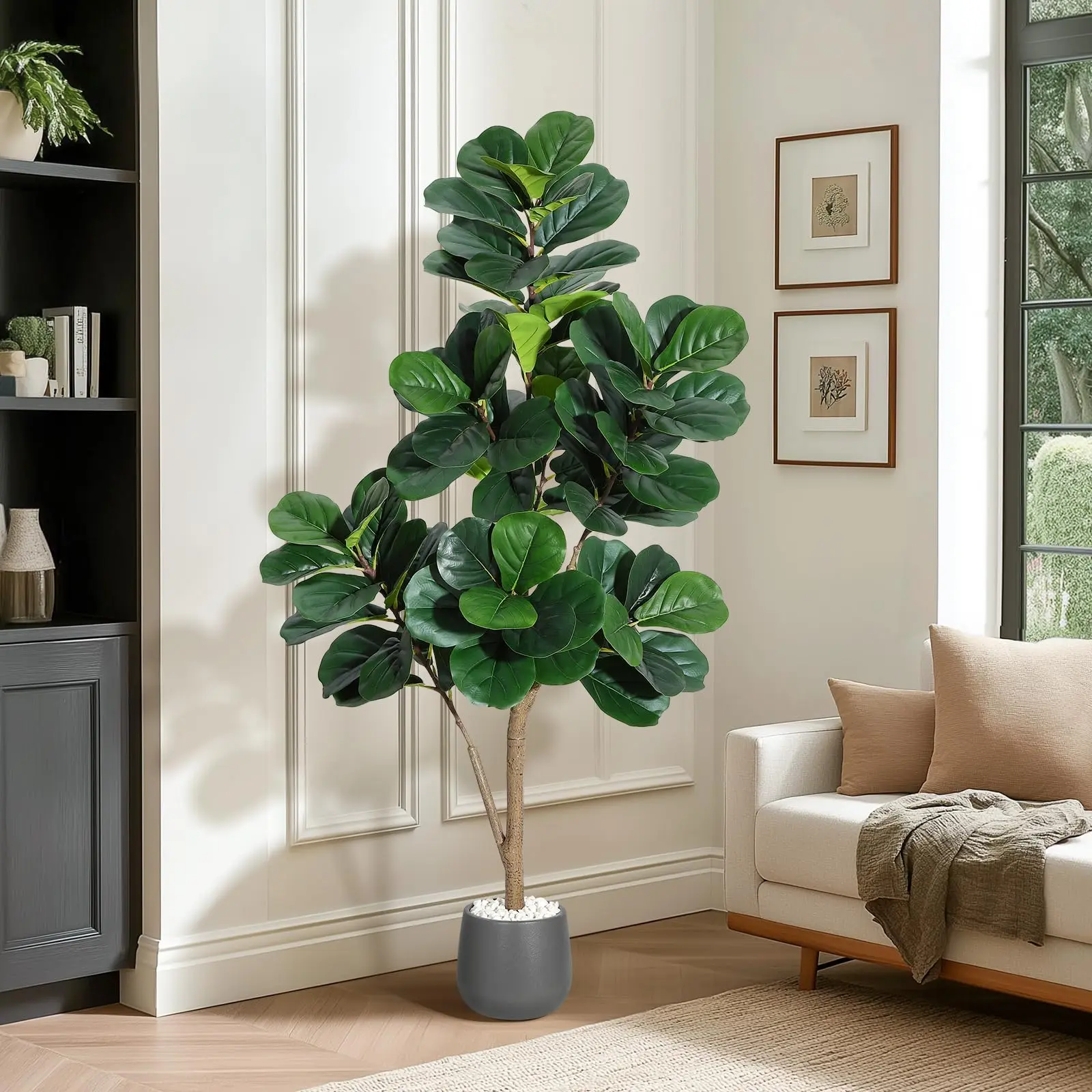 YJ-Garvee Artificial Fiddle Leaf Fig Trees in Multiple Sizes (4FT to 7FT) with Realistic Faux Ficus Lyrata Leaves, Black Planters, Easy Assembly, Maintenance-Free Decor for Indoor Home, Office, and Living Room