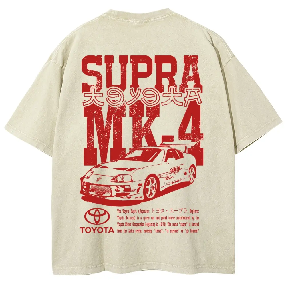 Men's Vintage Washed Sand Supra MK4 JDM Graphic Cotton T-Shirt - Heavyweight, Oversized, Short-Sleeve, Casual Menswear Tops, Unisex Racing Car Streetwear Tee, Shortsleeve