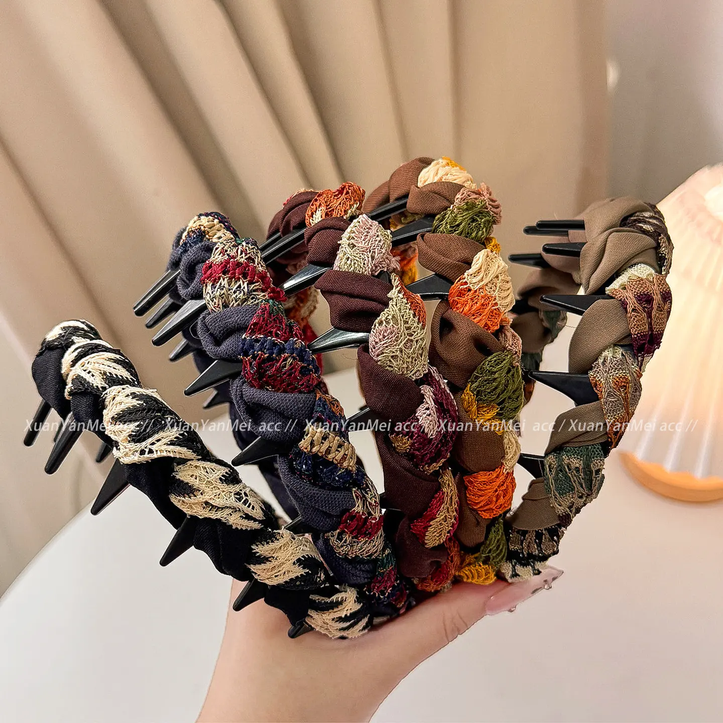 Female 5PC Colorful Knitted Twisted Headbands, Soft Fabric Hair Hoops with Anti-Slip Teeth, Earth Tone Everyday Hair Accessories for Autumn Winter Housework, Outdoor Travel, Simple Unique Styling, Knit Fabric, Stretchy Headbands, Full-Circle Teeth, Women'