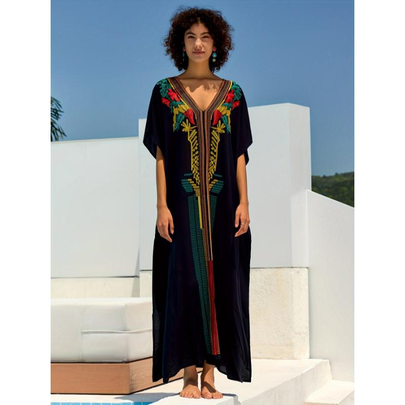 Moroccan Kaftan Dresses For Women Plus Size Caftans Loungewear Embroidered Beach Kaftan Cover Up Mumu House Dress Casual Sleeve