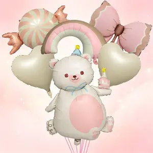 8 Piece Korean Creamy Cake Bear Balloon Set, Rainbow, Lollipop, Heart, Butterfly Knot, Girl Birthday Party Decor, Sweet Shop Background
