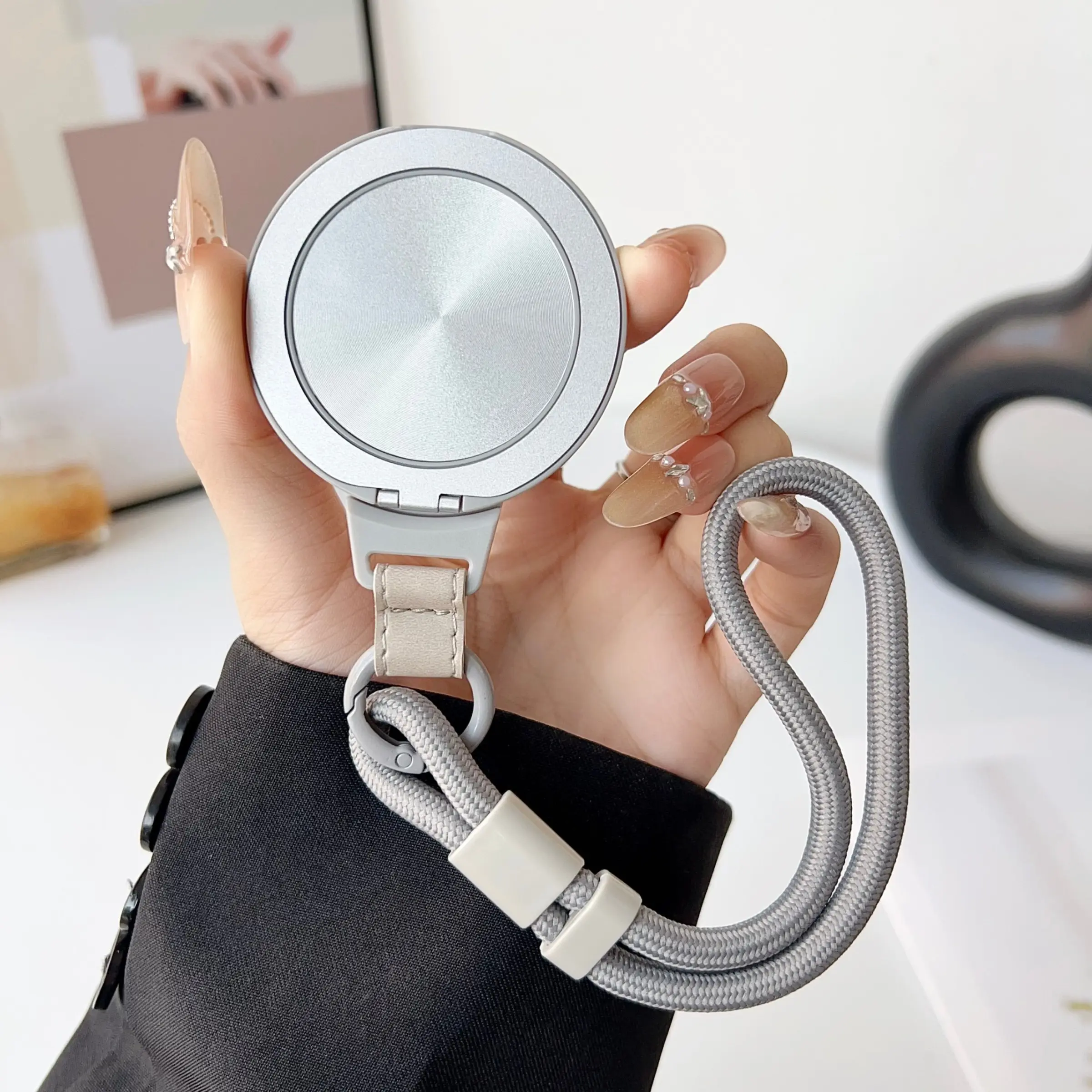 Magnetic Rotatable Phone Ring Lanyard, Compatible with Magsafe, Metal CD Texture Foldable Stand Phone Holder, Detachable Adjustable Strap, Anti-Loss Portable Car Mount