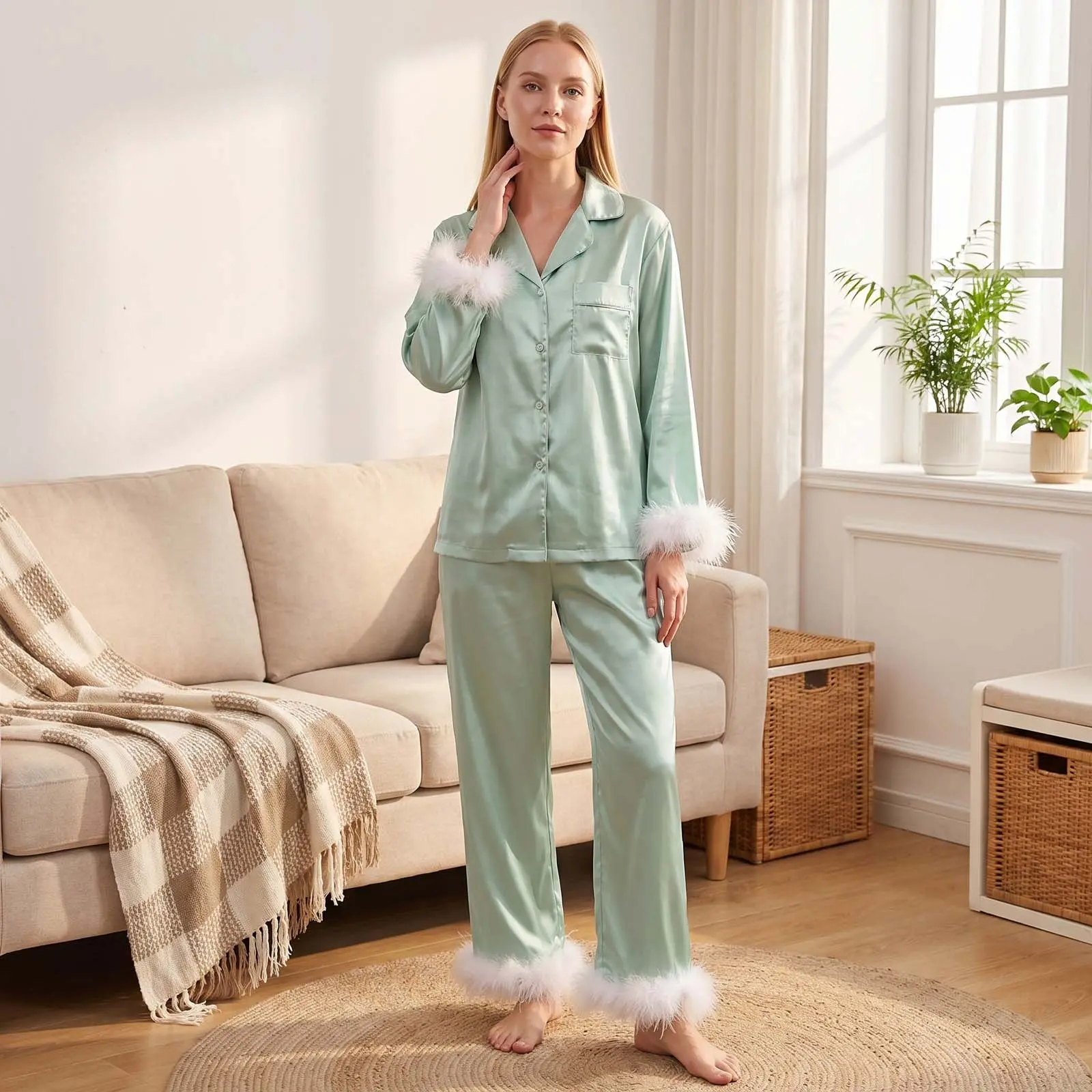 Women's 2-Piece Polyester Longsleeves Pajamas Set - Button-Down Lapel Collar Tops with Feather Decoration + Pants Loungewear, Check