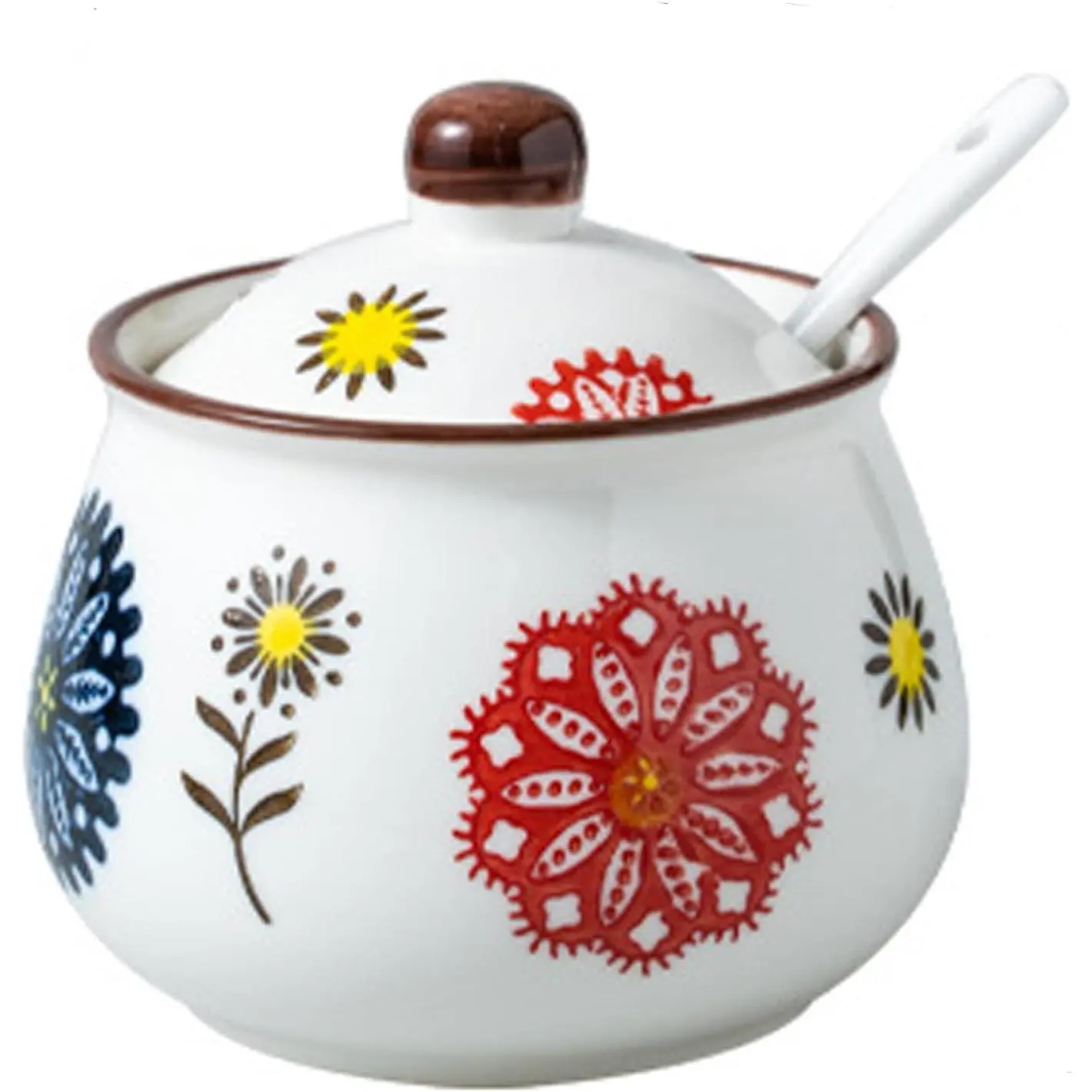 Porcelain Sugar Bowls with Lids and Spoons, 10 oz Ceramic Spice Jars for Kitchen, Seasoning Containers for Salt, Pepper, Sugar, or Condiments, Handmade with Floral Design
