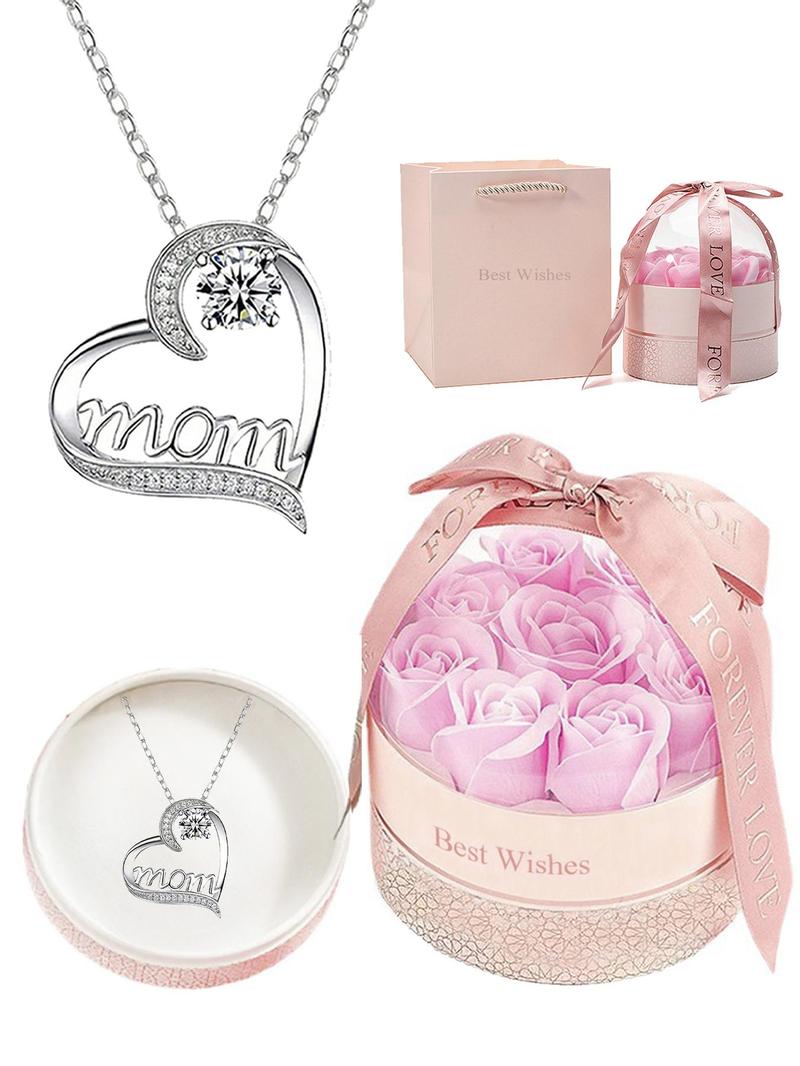 Creative Artificial Crystal & Rhinestone Decor Heart Pendant Necklace, Engraved Letters Necklace with Romantic Box & Flower, Summer Jewelry, Fashionable Matching Jewelry Gift for Mom, Gifts for Girlfriend Valentine Gifts For Gf