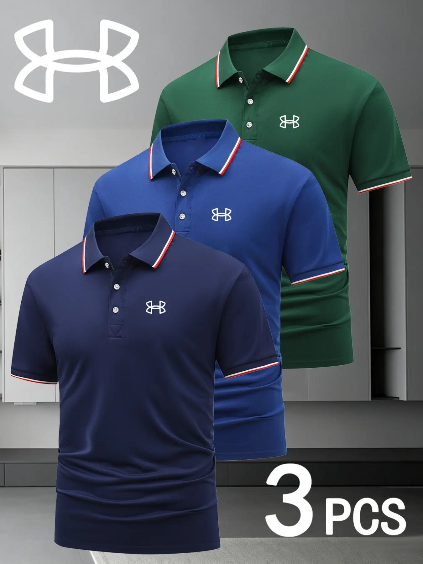 Men's Golf Polo Shirts Set of 3, Stylish Geometric Print, Elastic Comfortable Fit, Breathable All-Season Wear, High-Quality Collared Shirt