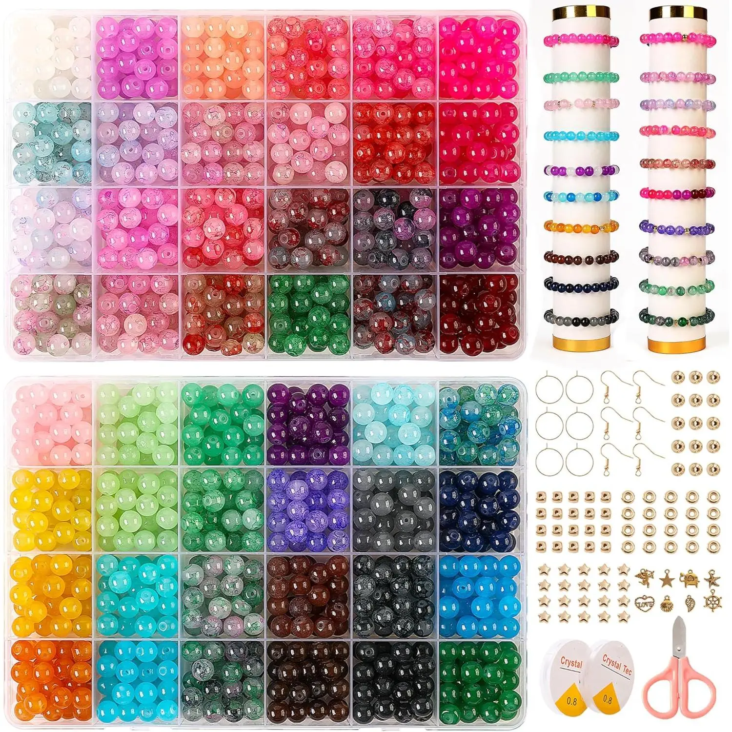 Glass Beads for  Making, 1300 count + 8mm 48 Colors Round  Glass Beads Bracelet Making Kit, Bead Starter Kit for Birthday Holiday Art Crafts Gifts