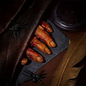 5 realistic and bloody fake fingers - Halloween decoration props in various skin tones, featuring bloody details, suitable for Halloween haunted houses, parties and bizarre decorations