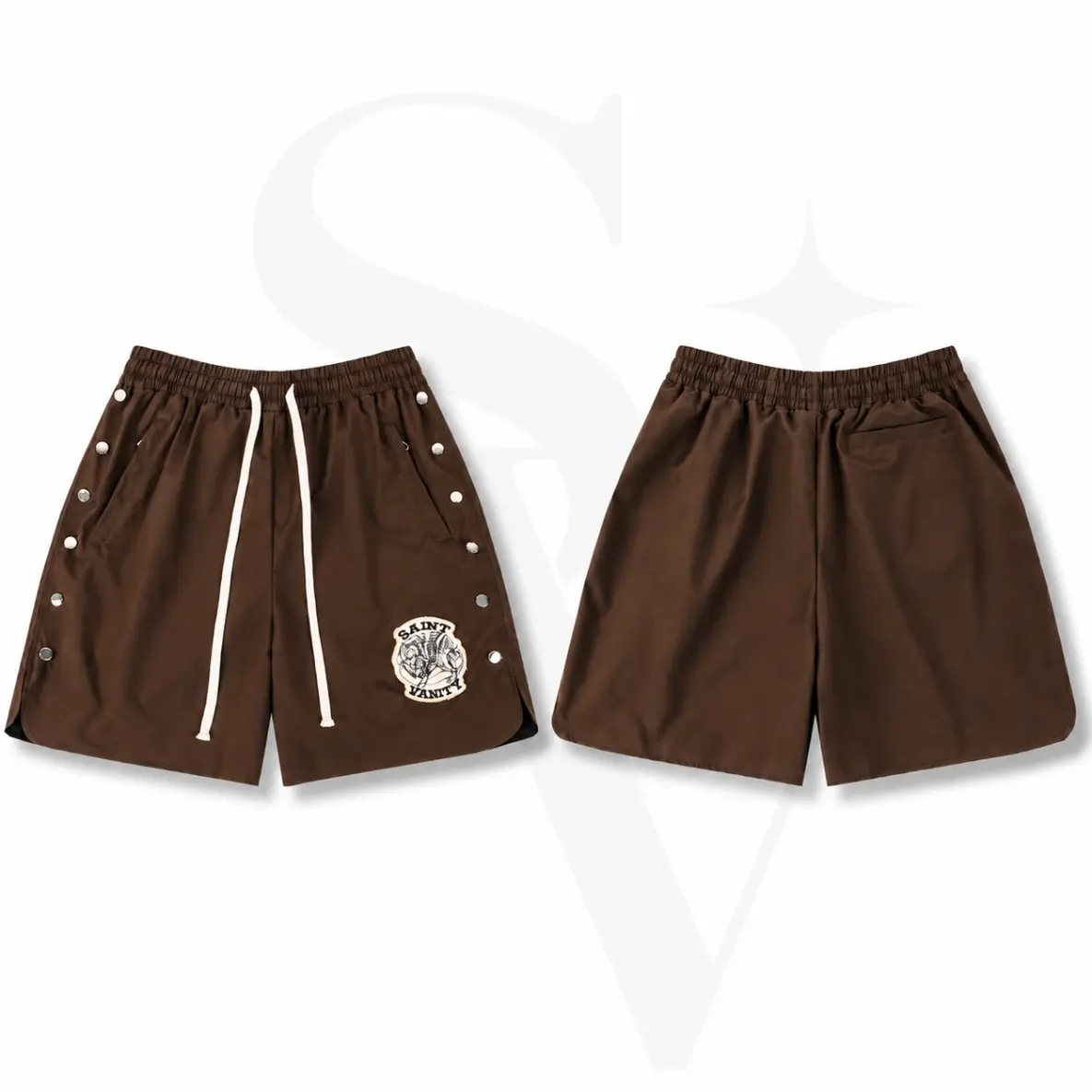 Saint Vanity Brown Nylon Shorts, Premium Metallic Snap Button Earth Tone Swim Trunks for Men, Unisex Relaxed Fit Sports Boardshorts with Embroidered Patch, Trendy High-Street Waterproof Summer Clothes