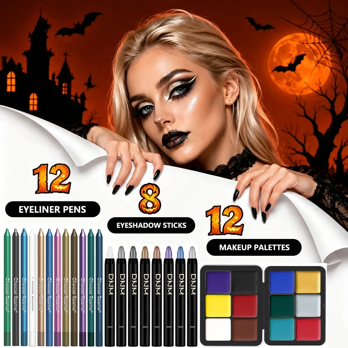 Halloween Makeup Kit for Women Girls, 32 Colors Eye Makeup Set with 12 Colorful Eyeliner Pencils, 8 Shimmer Eyeshadow Sticks & 12 Color Face Painting Palette, Waterproof Long Lasting Bright Pigment Cosmetic Kit for Costume Party, Cosplay, Festival Makeup