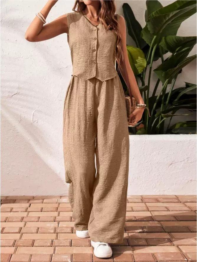 Women's 2 Piece Vest and Pants Set, Casual Button Down Waistcoat and Wide Leg Pants Matching Outfit