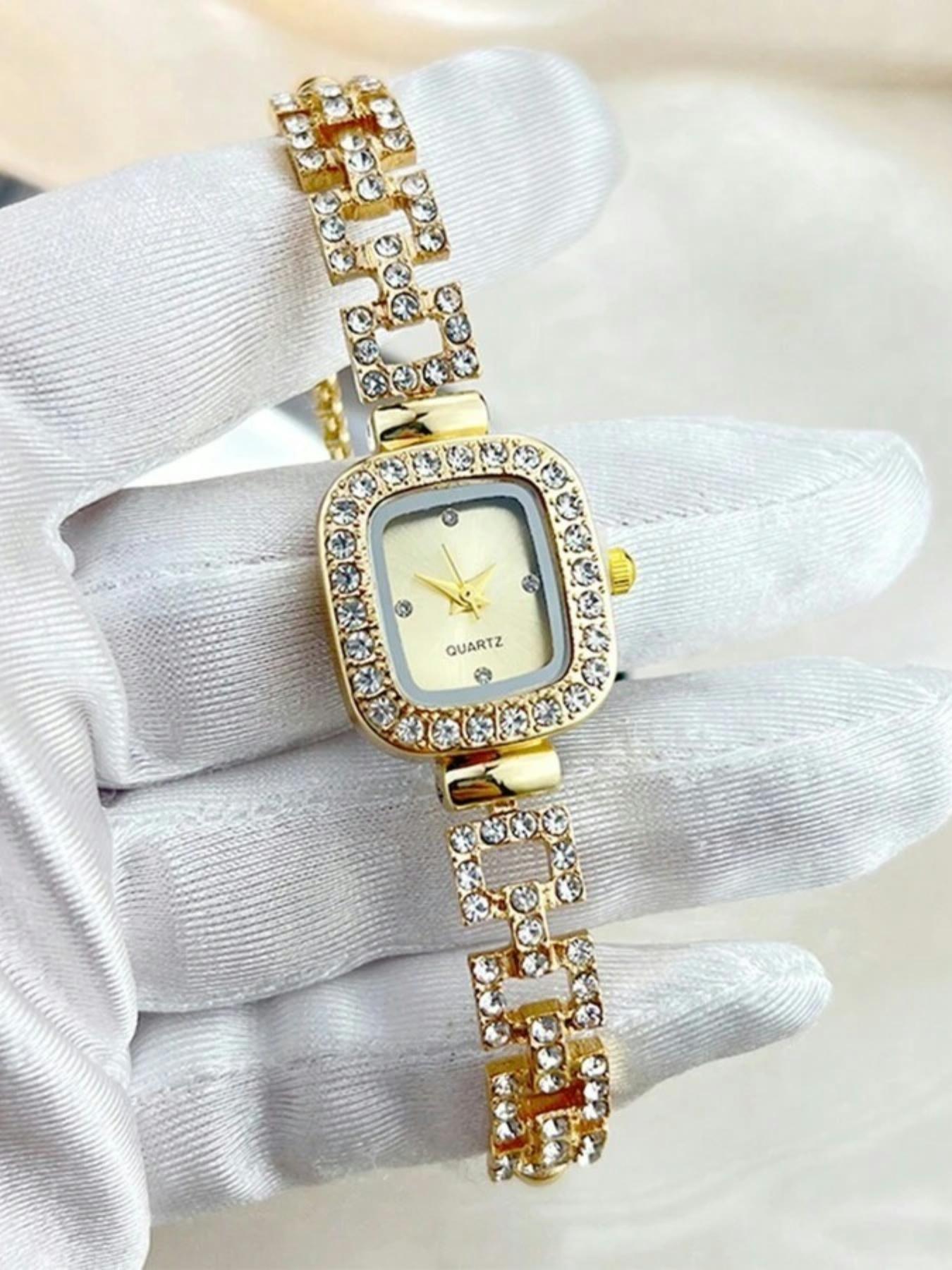 Women's Square Rhinestone Decor Watch, Hip-Hop Style Quartz Wristwatch with Adjustable Strap, Elegant Square Dial Stylish Watch for All Seasons, Rhinestone Watches