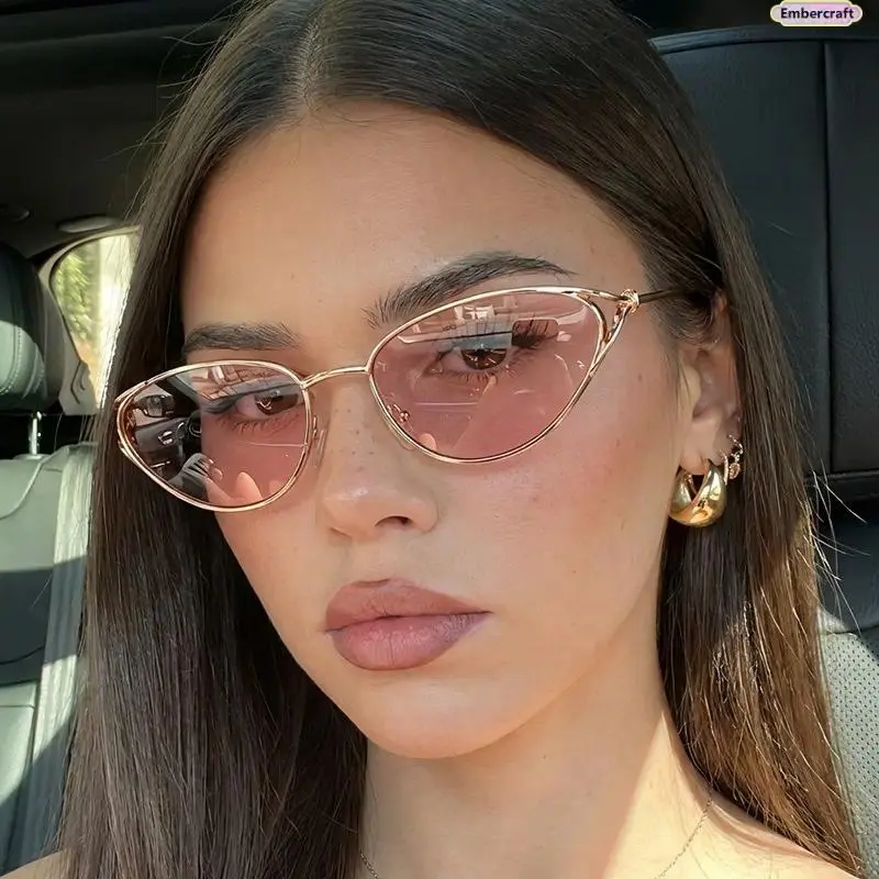 Viral Cat Eye Sunglasses for Women, Retro Small Frame Metal Shades, Y2K Aesthetic Spice Girl Style, Trendy Slim Designer Sunnies, Lightweight UV400 Eye Protection, Comfy On-the-go Fashion For Travel, Party Must-Have