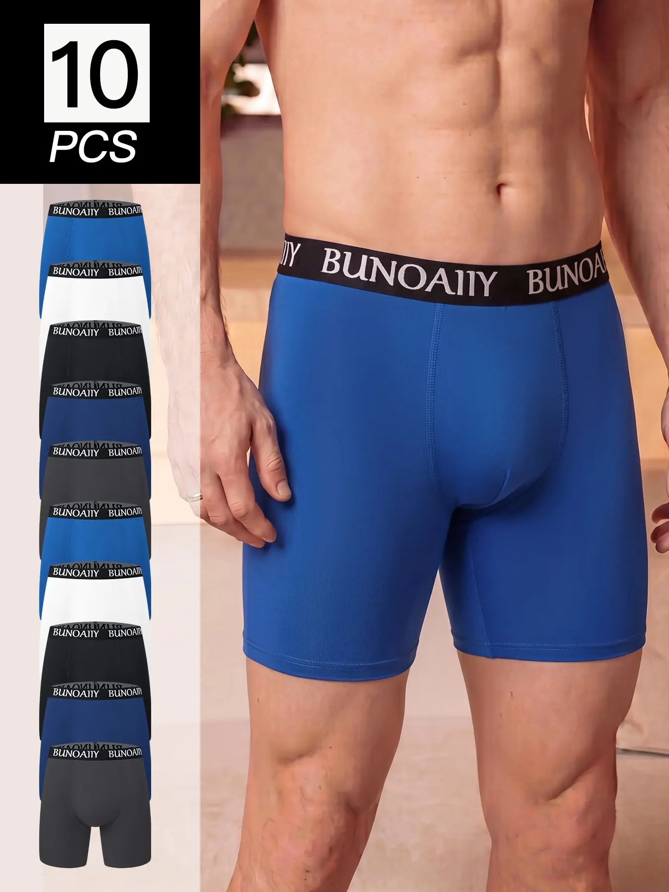 Men’s 10 Pcs/Pack Long Leg Boxer Briefs, Soft Stretch Breathable Underwear, Moisture Wicking Anti Chafing Boxer Briefs for Workout Running Daily Comfort All Season