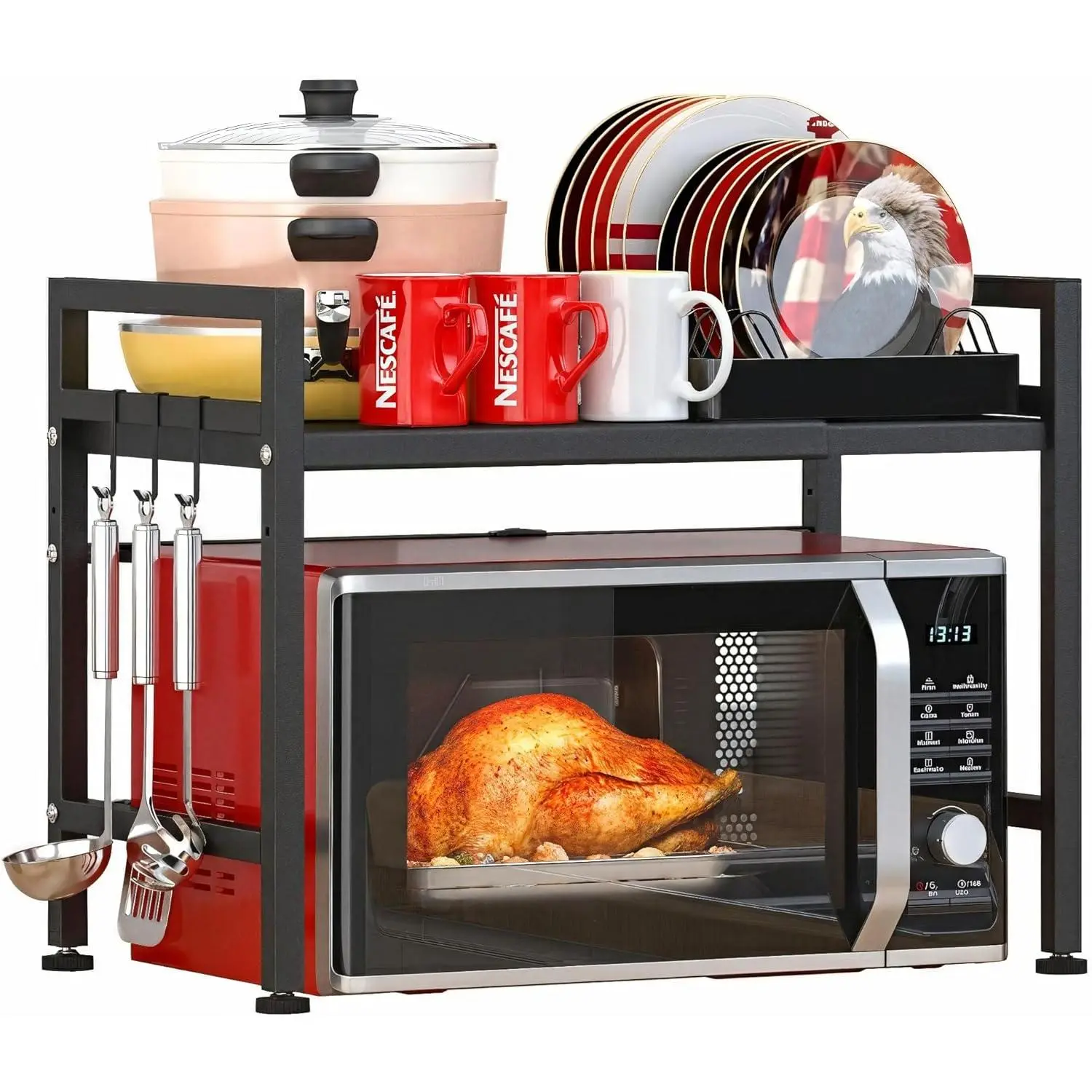 Textured Black Microwave Oven Rack, Expandable 2-Tier Kitchen Countertop Organizer, Heavy Duty Carbon Steel Stand with 3 Hooks, Adjustable Height & Length